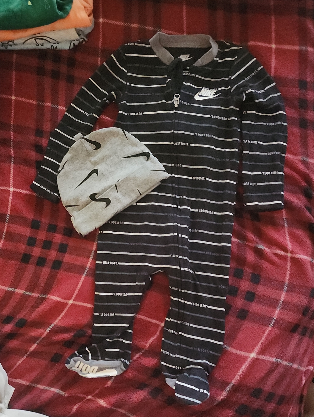 Nike Black and White Striped Baby Footed One-Piece with Gray Beanie
